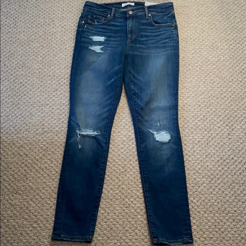 Loft, “Modern skinny” jeans with worn look.